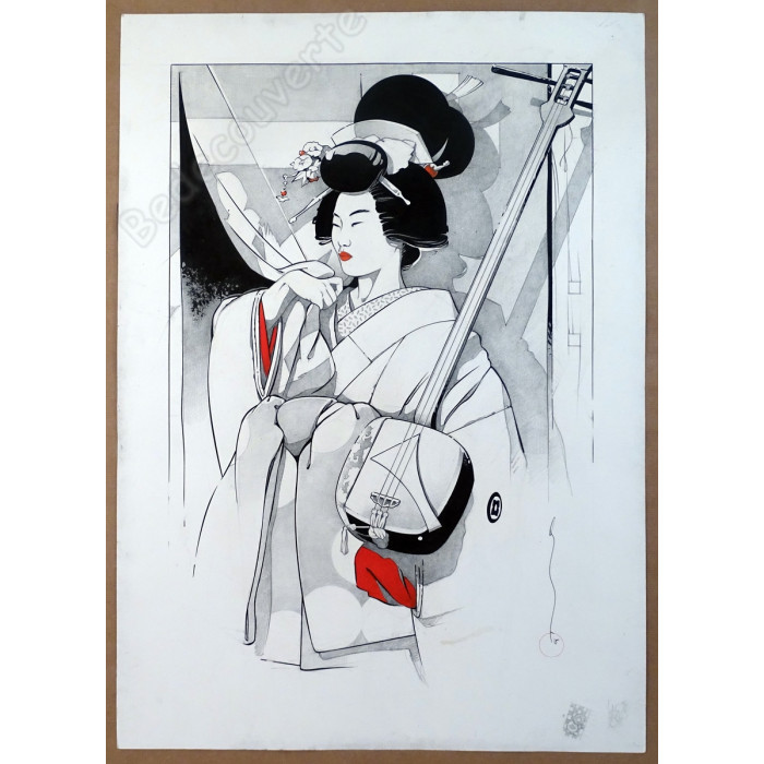 Michetz - Dessin Original La Geisha et son shamisen