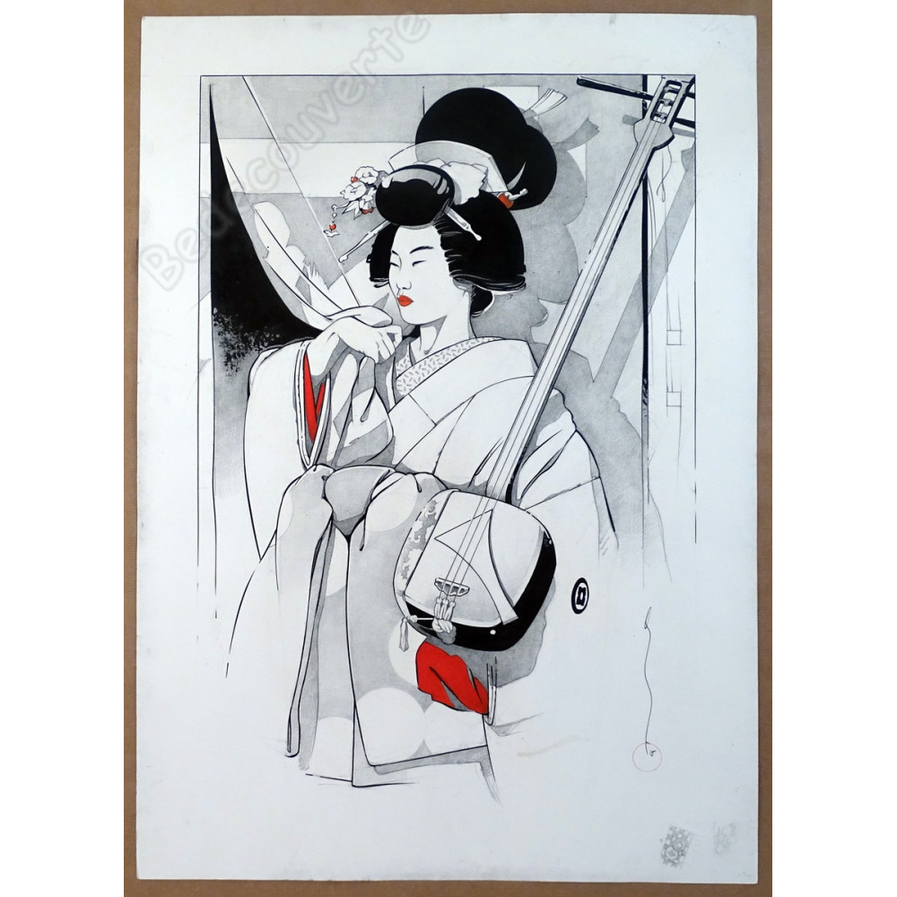 Michetz - Dessin Original La Geisha et son shamisen