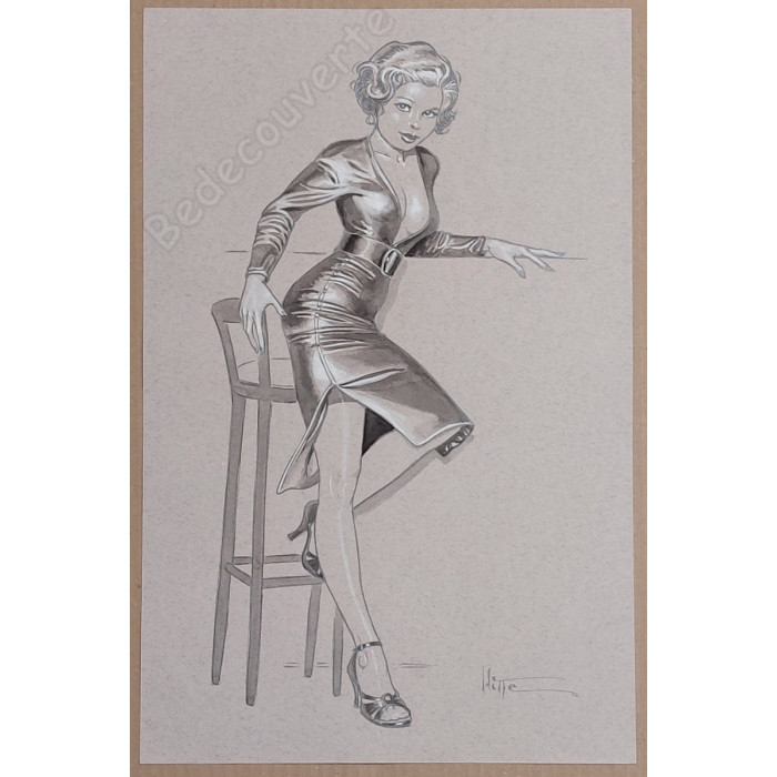 Hitte - Dessin Original La Pin-Up Sur Son Tabouret