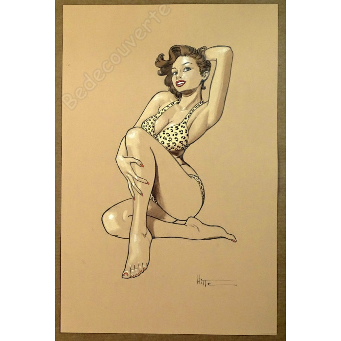 Hitte - Dessin Original La Pin-Up en Maillot Léopard