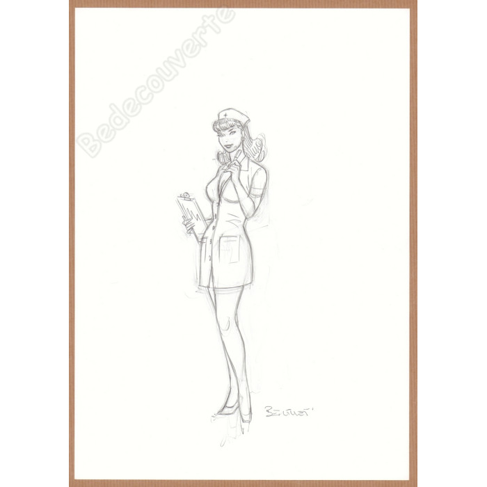 Berthet Philippe - Dessin Original Crayonné Pin-up infirmière 1