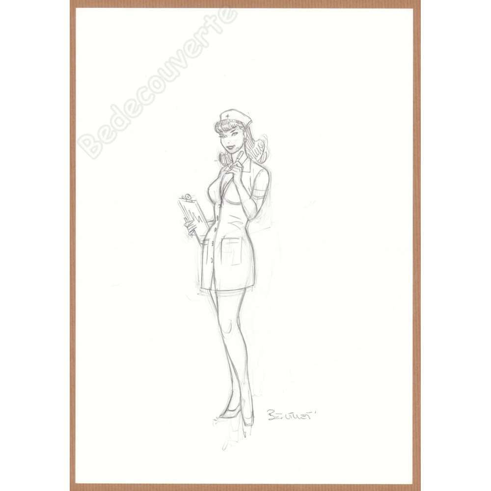 Berthet Philippe - Dessin Original Crayonné Pin-up infirmière 1
