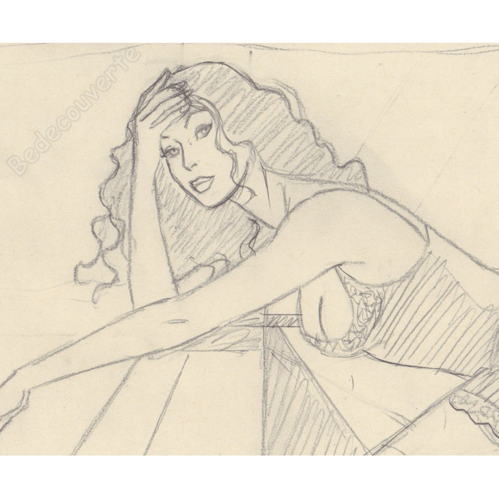 Berthet Philippe - Dessin Original Crayonné Pin-up Au Balcon