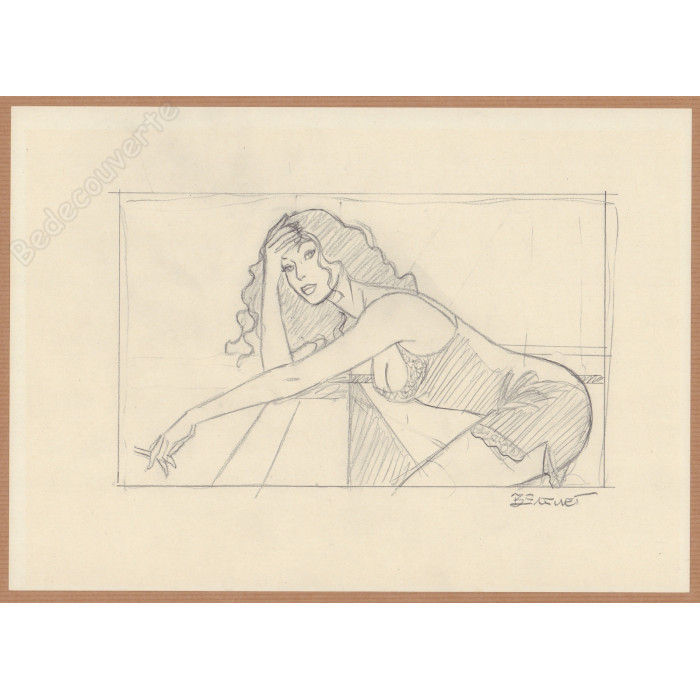 Berthet Philippe - Dessin Original Crayonné Pin-up Au Balcon