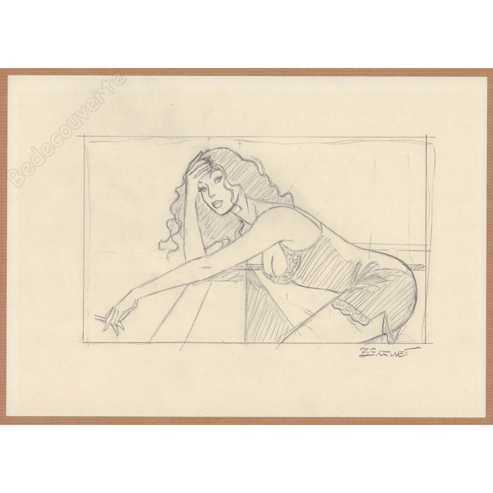 Berthet Philippe - Dessin Original Crayonné Pin-up Au Balcon