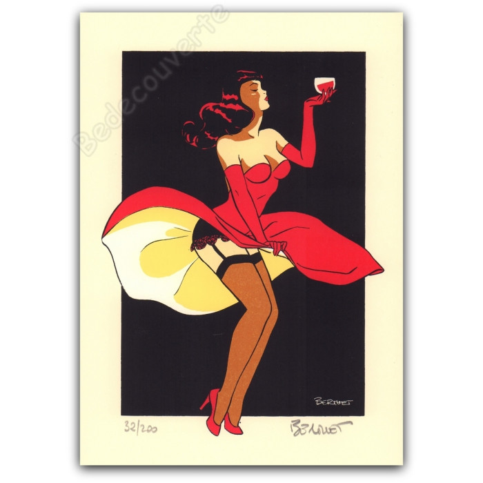Berthet - Pin-up Robe Rouge Verre De Vin