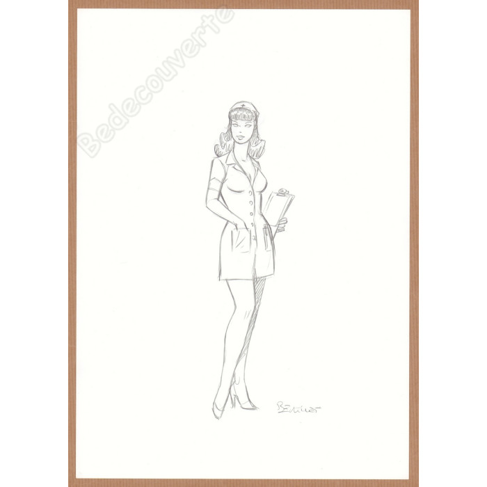 Berthet Philippe - Dessin Original Crayonné Pin-up infirmière 2