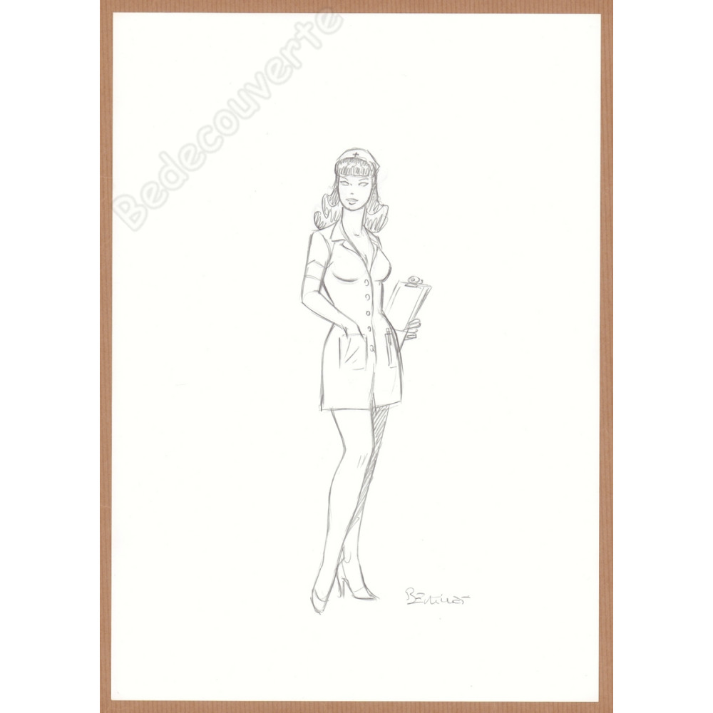 Berthet Philippe - Dessin Original Crayonné Pin-up infirmière 2