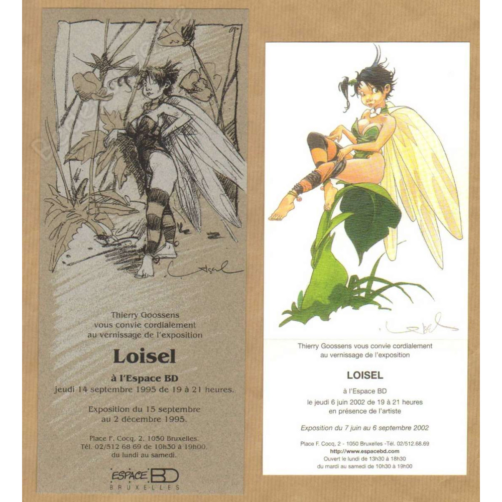 Loisel - Lot 2 cartes invitation Clochette Peter Pan Espace BD 1995 et 2002