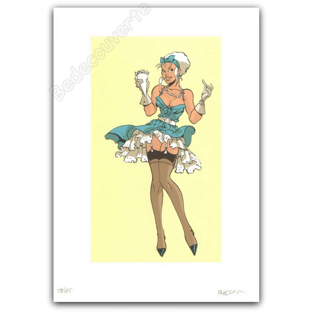 Meynet - Pin-up Mirabelle mangeant des Frites Sérigraphie