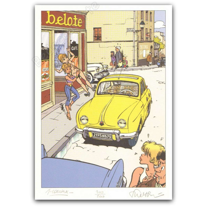 Walthéry - Delvaux Pin-up et voiture Renault Dauphine
