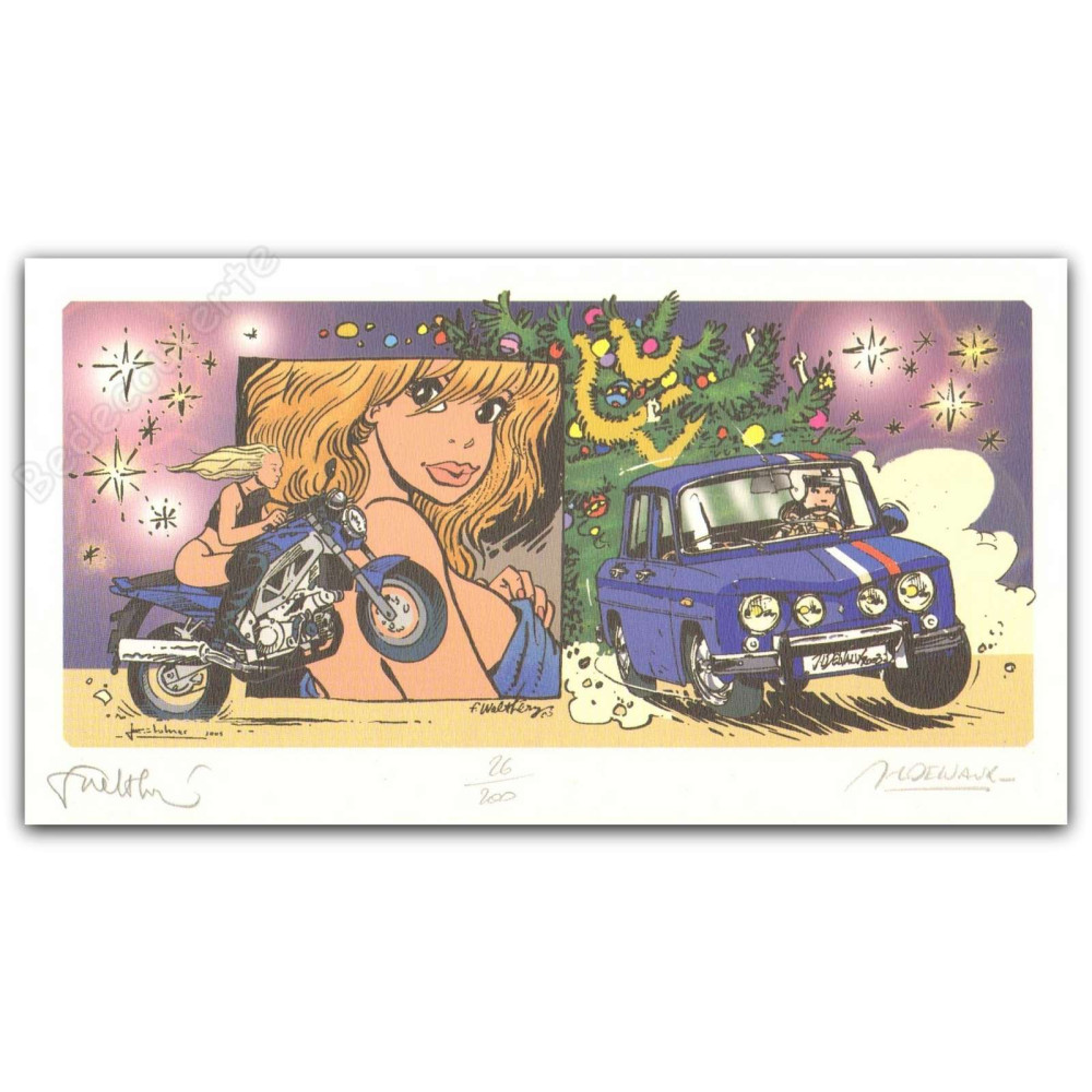 Walthéry - Delvaux Pin-up et voiture Renault 8 Gordini