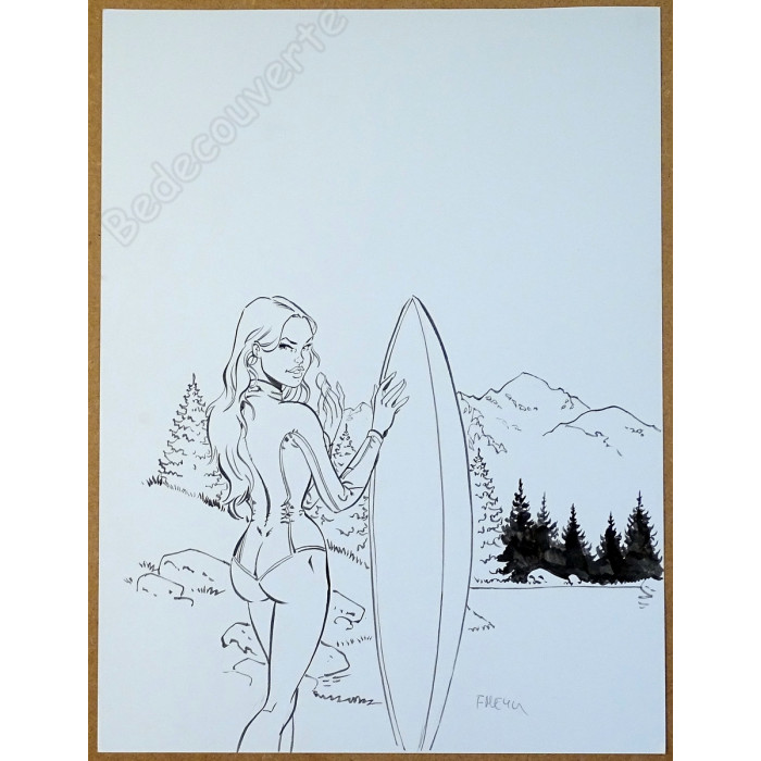 Félix Meynet - Dessin Original Surf en montagnes