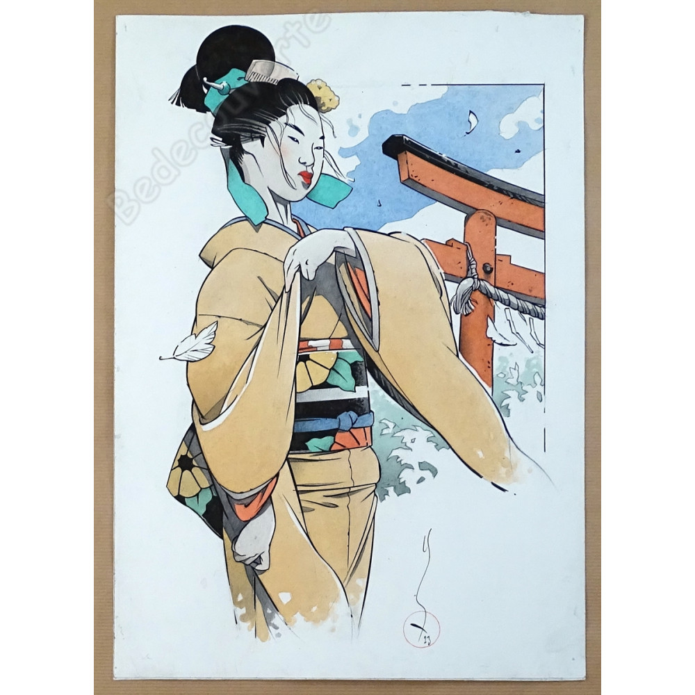 Michetz - Dessin Original Geisha au Kimono Orange