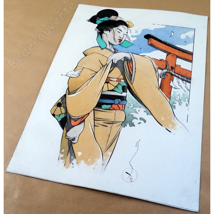 Michetz - Dessin Original Geisha au Kimono Orange