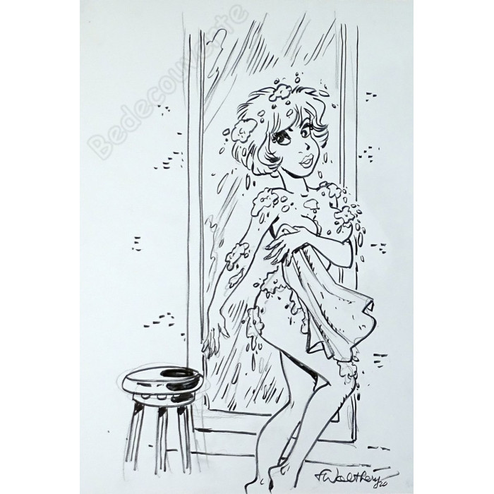 François Walthéry - Dessin Original Natacha Sortie de Douche