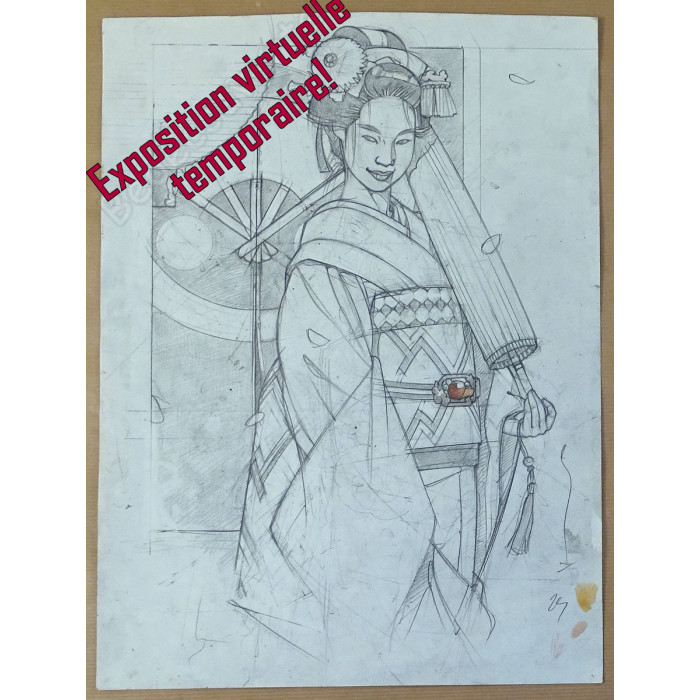 Michetz - Crayonné Original Geisha à l'Ombrelle