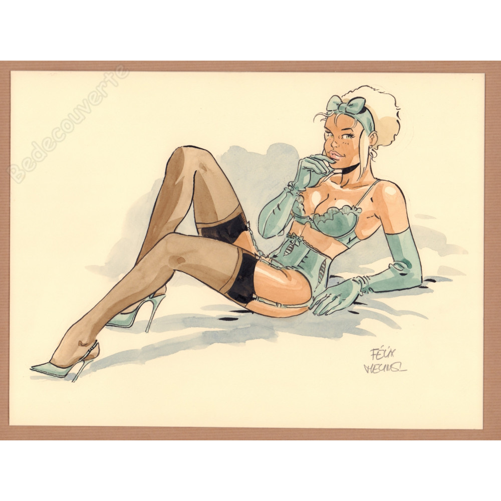 Meynet Félix - Dessin original Mirabelle lingerie turquoise Meynet Félix - Dessin original Mirabelle lingerie turquoise