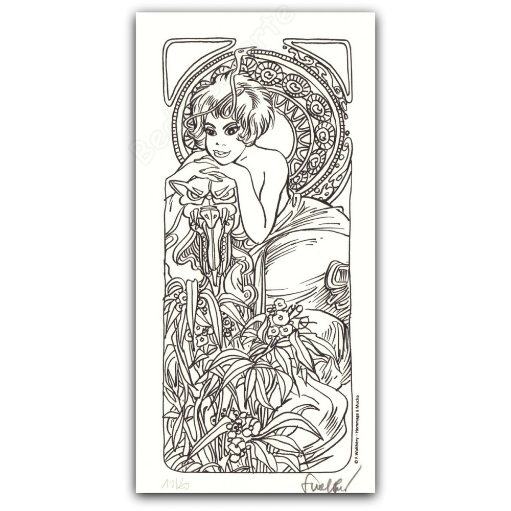 Walthéry - Natacha Appuyée Hommage Alfons Mucha NB Walthéry - Natacha Appuyée Hommage Alfons Mucha NB