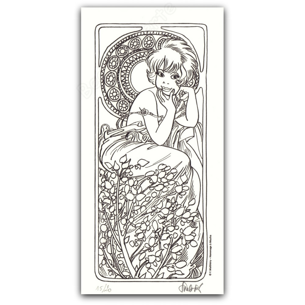 Walthéry - Natacha Main au menton Hommage Alfons Mucha NB
